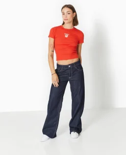 T-shirt En Maille Côtelée Avec Broderie - Rouge