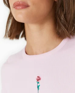 T-shirt En Maille Côtelée Avec Broderie - Rose Poudré