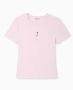 T-shirt En Maille Côtelée Avec Broderie - Rose Poudré