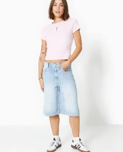 T-shirt En Maille Côtelée Avec Broderie - Rose Poudré