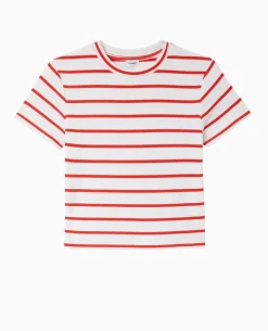 T-shirt En Maille Côtelée Motif Rayures - Rouge