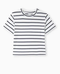 T-shirt En Maille Côtelée Motif Rayures - Bleu
