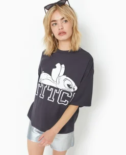 T-shirt Oversize Avec Grand Print STITCH Devant - Gris