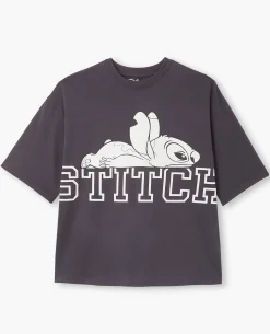 T-shirt Oversize Avec Grand Print STITCH Devant - Gris