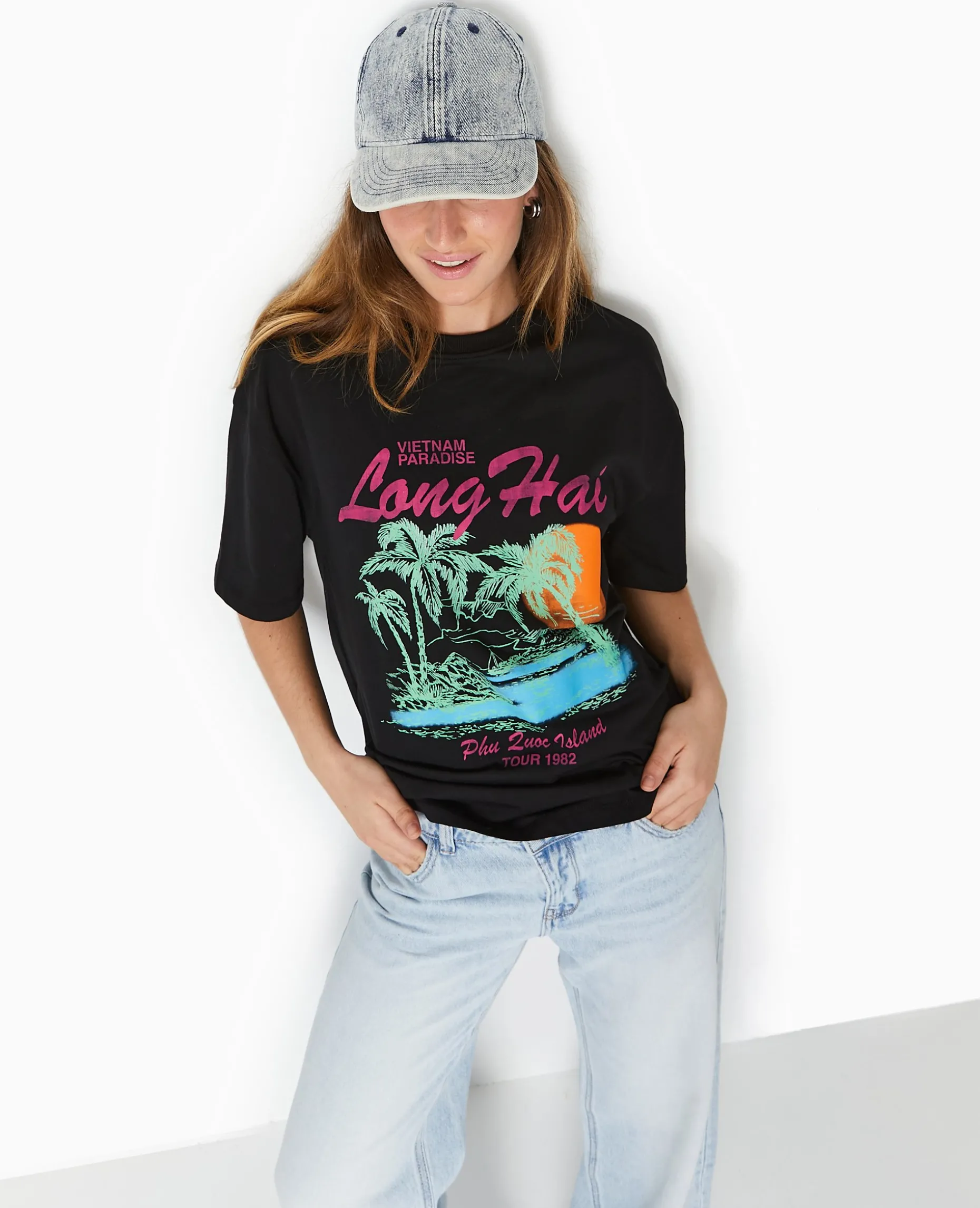 T-shirt Oversize Avec Print Devant - Noir