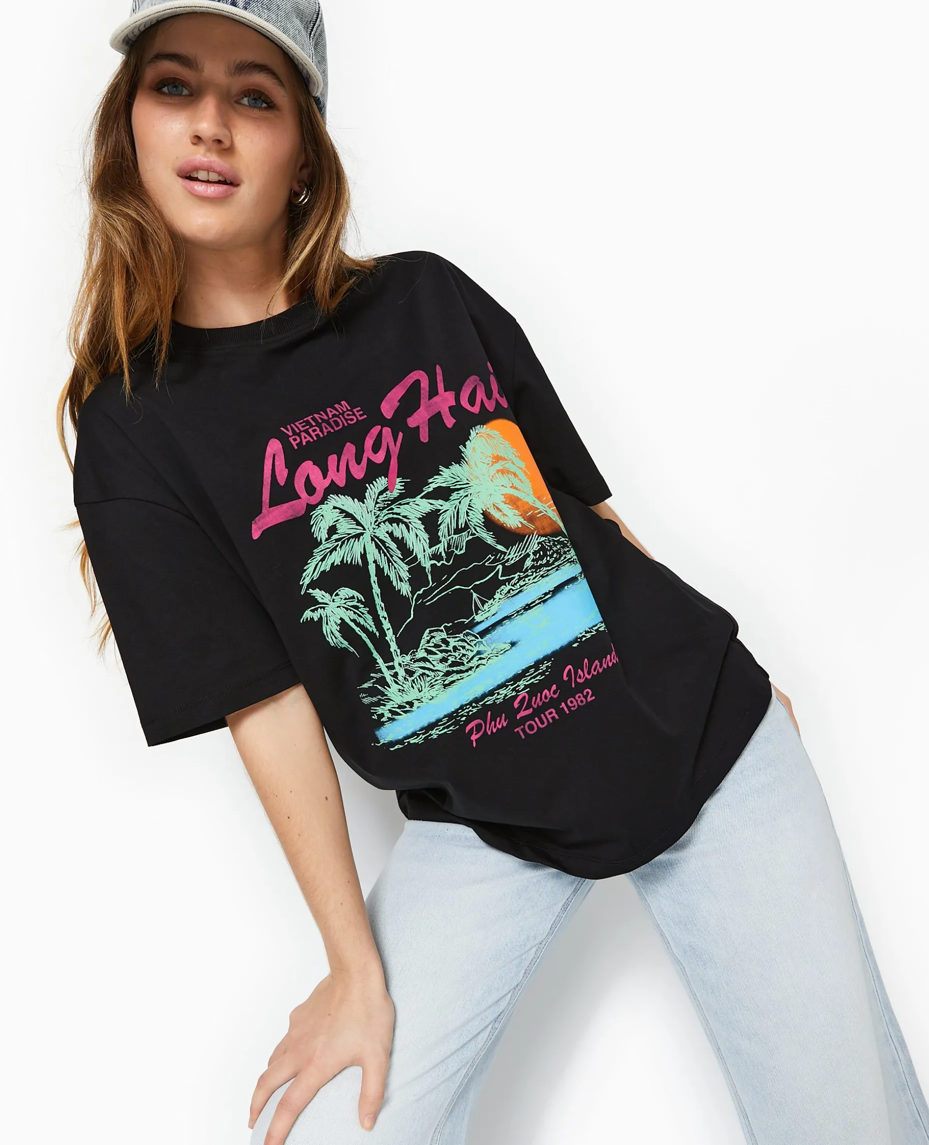 T-shirt Oversize Avec Print Devant - Noir