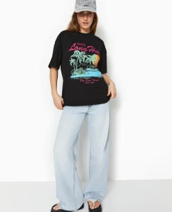T-shirt Oversize Avec Print Devant - Noir
