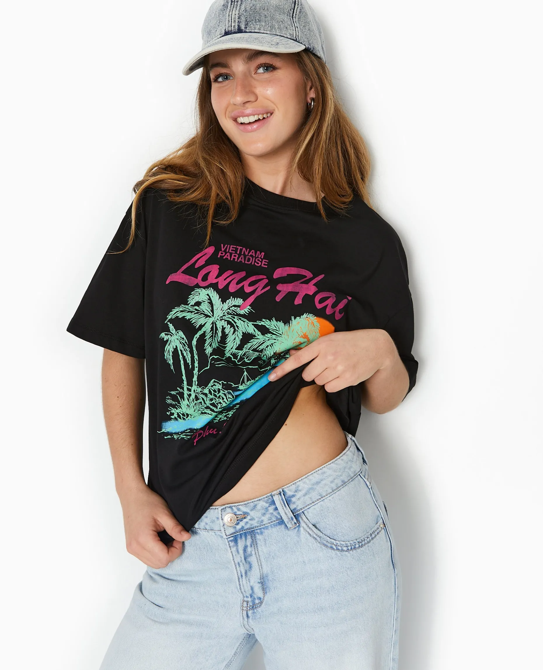 T-shirt Oversize Avec Print Devant - Noir