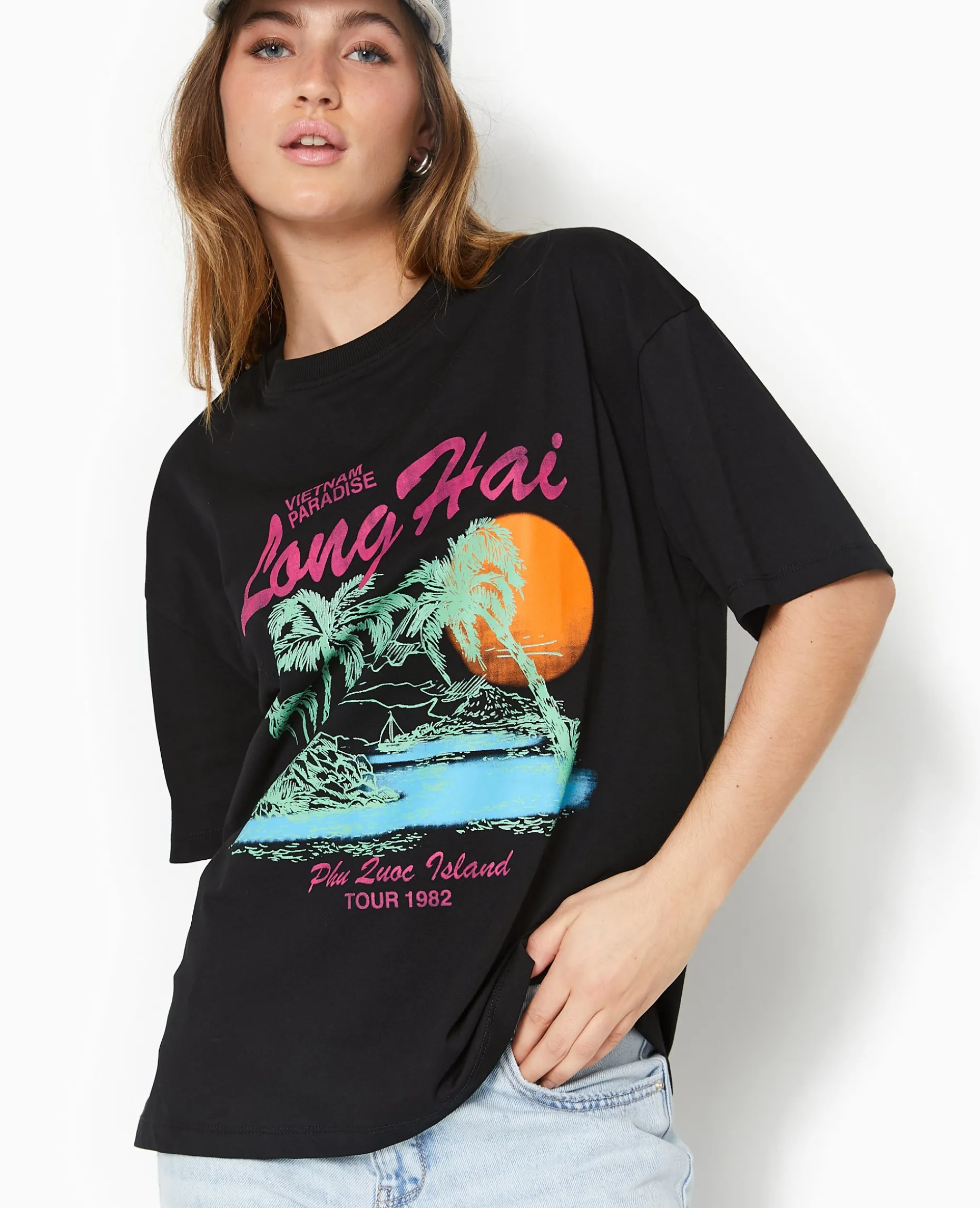 T-shirt Oversize Avec Print Devant - Noir