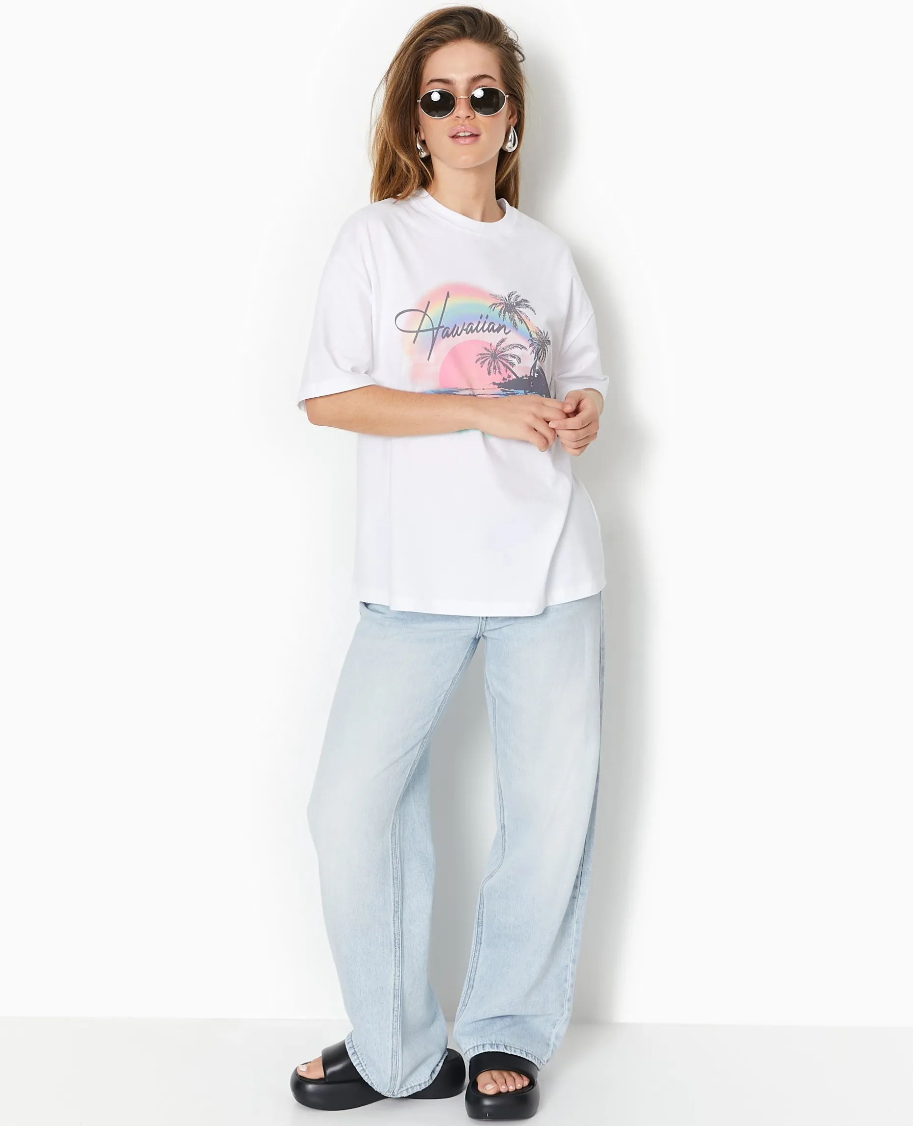 T-shirt Oversize Avec Print Devant - Blanc