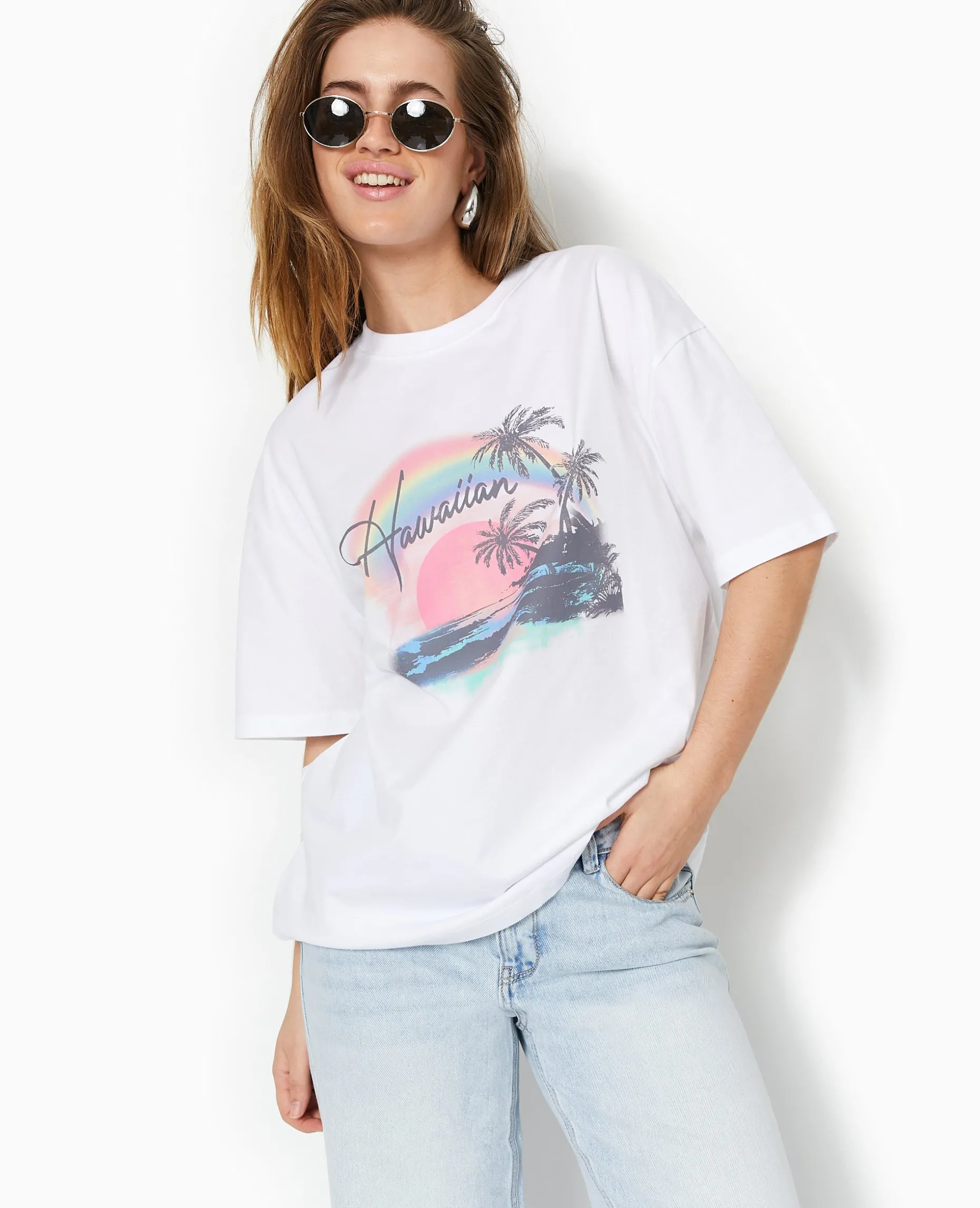 T-shirt Oversize Avec Print Devant - Blanc