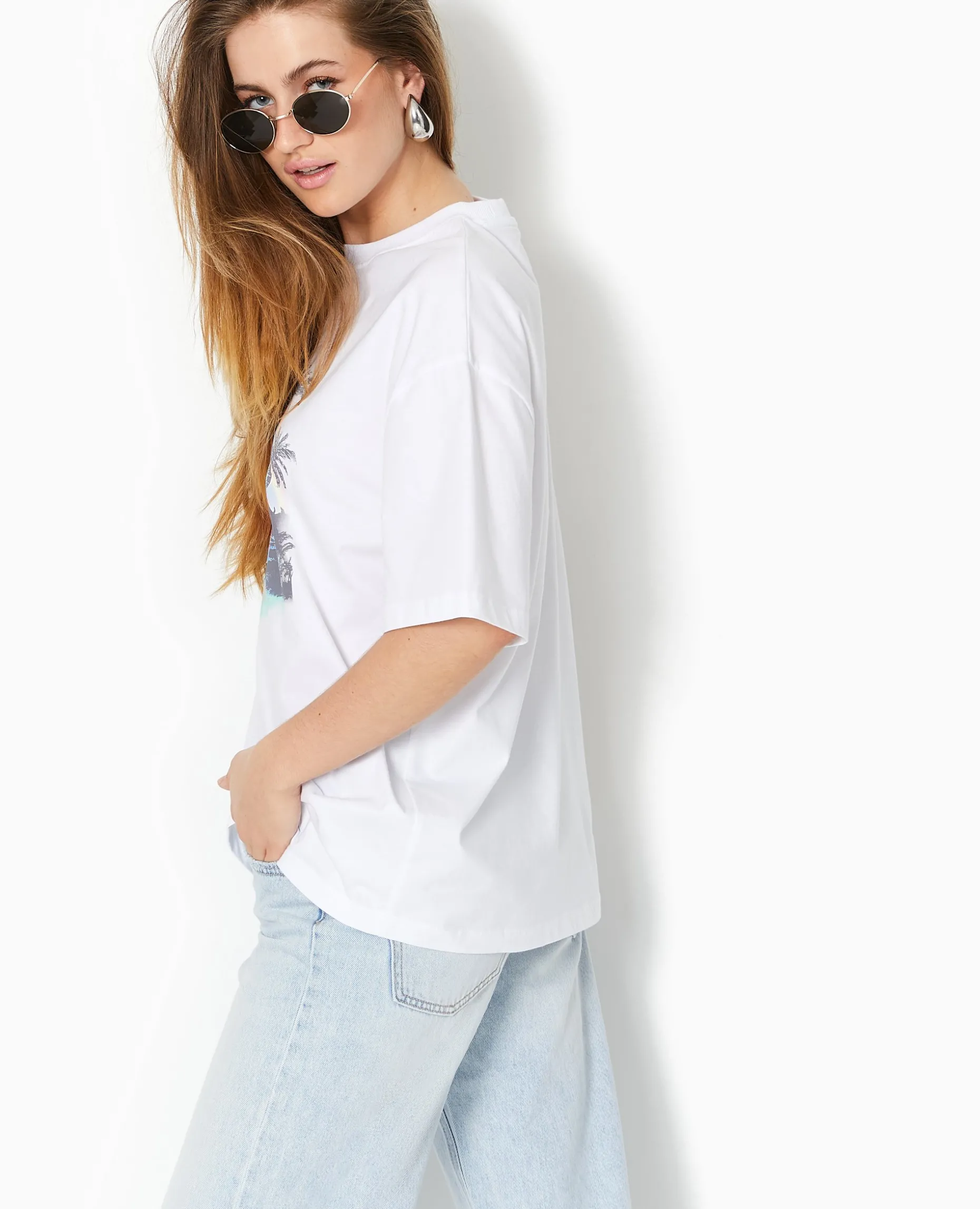 T-shirt Oversize Avec Print Devant - Blanc