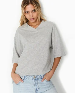 T-shirt Oversize Col V Manches Descendues - Gris Chiné