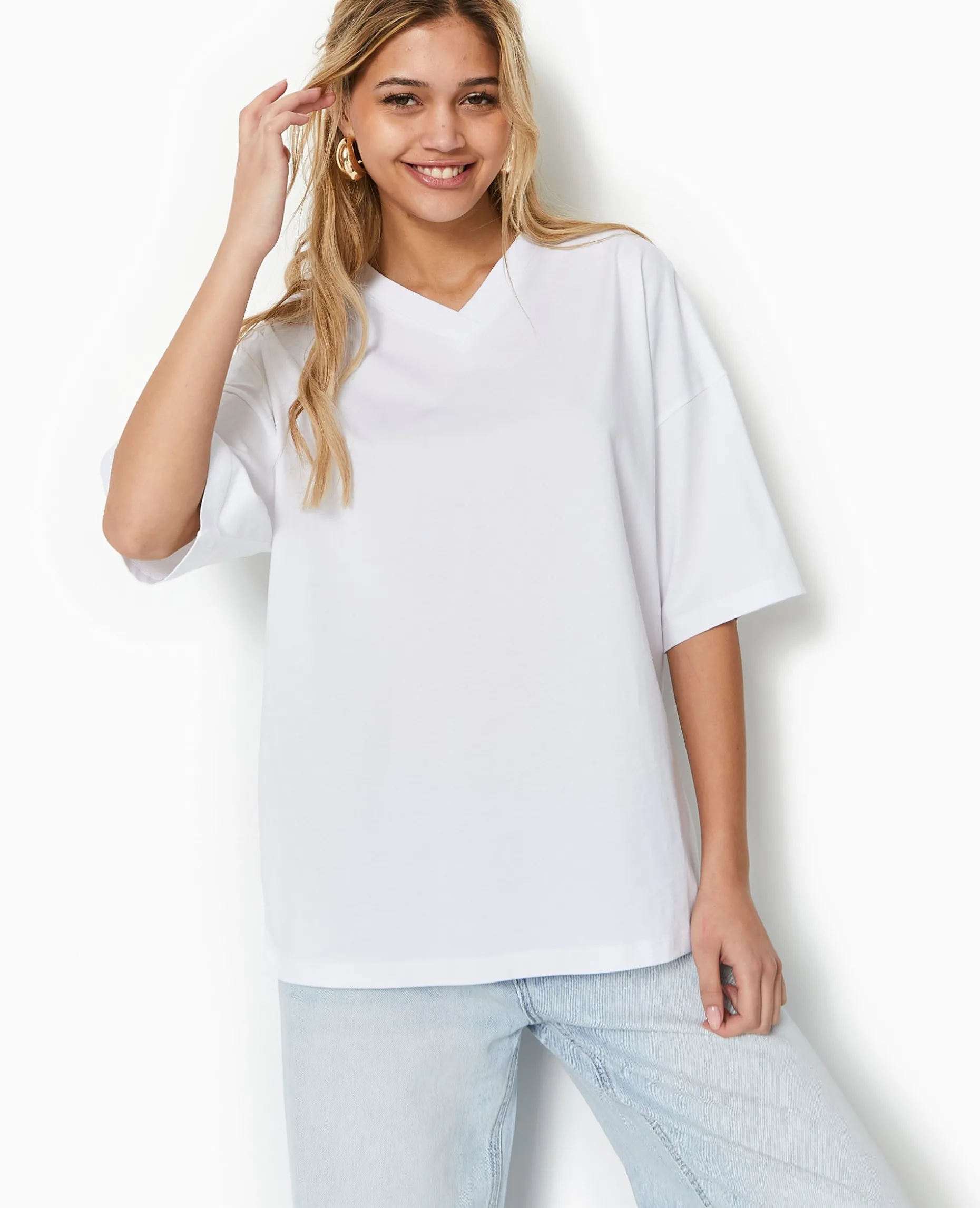 T-shirt Oversize Col V Manches Descendues - Blanc