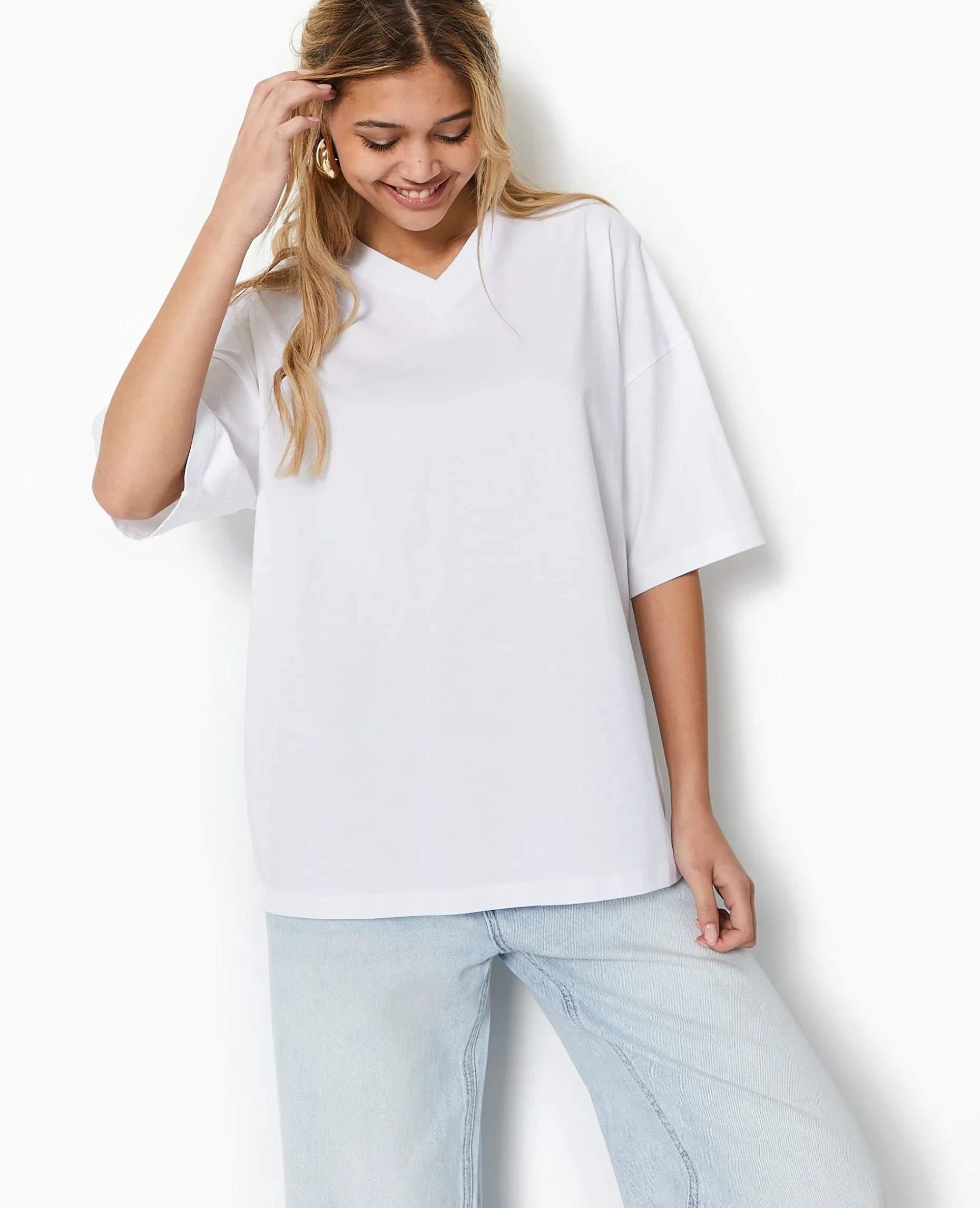 T-shirt Oversize Col V Manches Descendues - Blanc