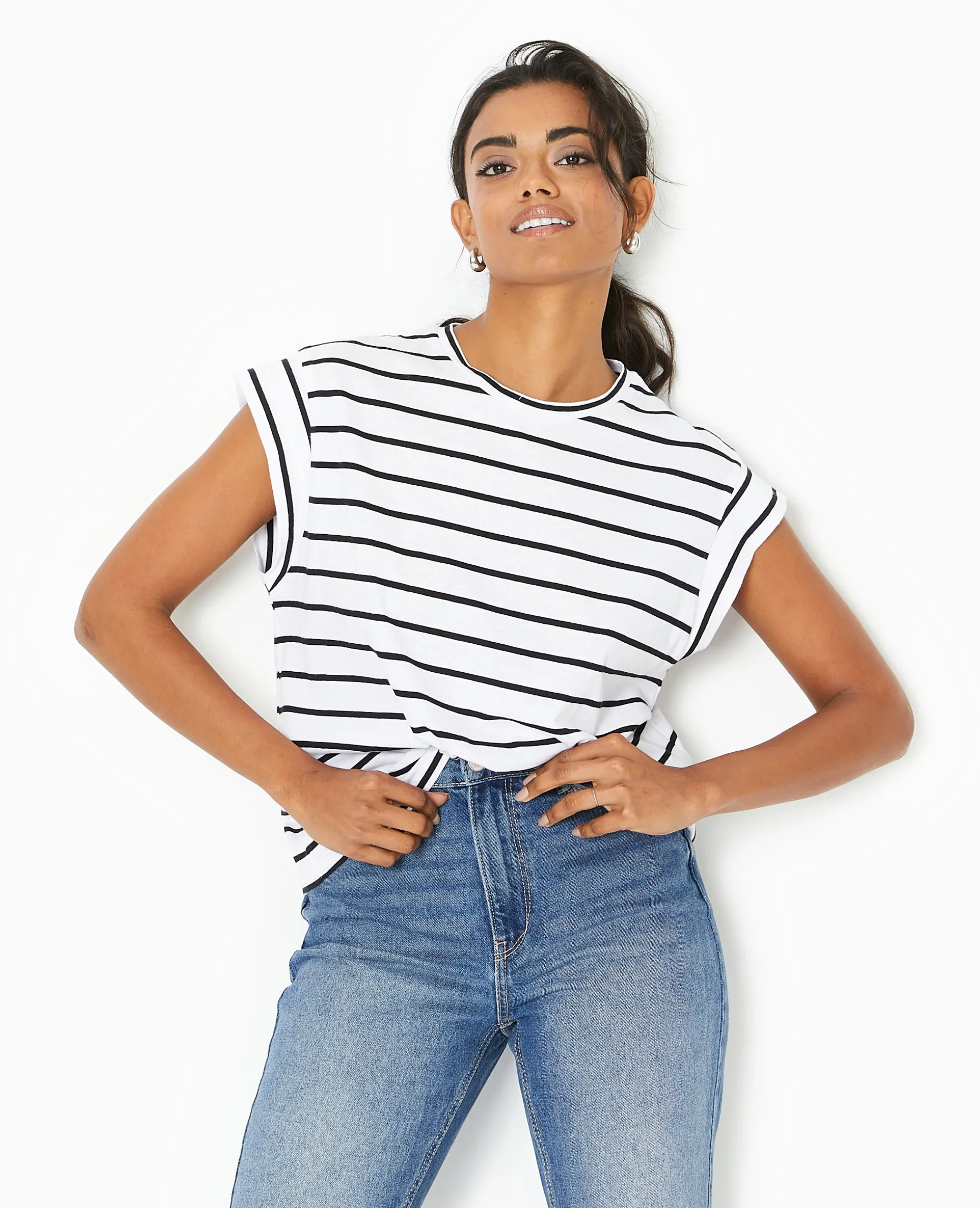T-shirt Oversize Sans Manches Rayé - Noir