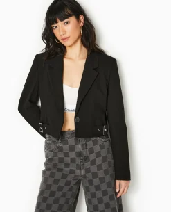 Veste Blazer Courte Avec Pattes Et Boucles - Noir