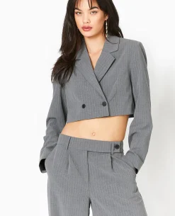 Veste Blazer Cropped Rayures Banquier - Gris Clair