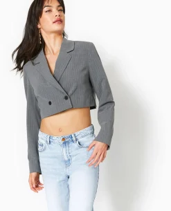 Veste Blazer Cropped Rayures Banquier - Gris Clair
