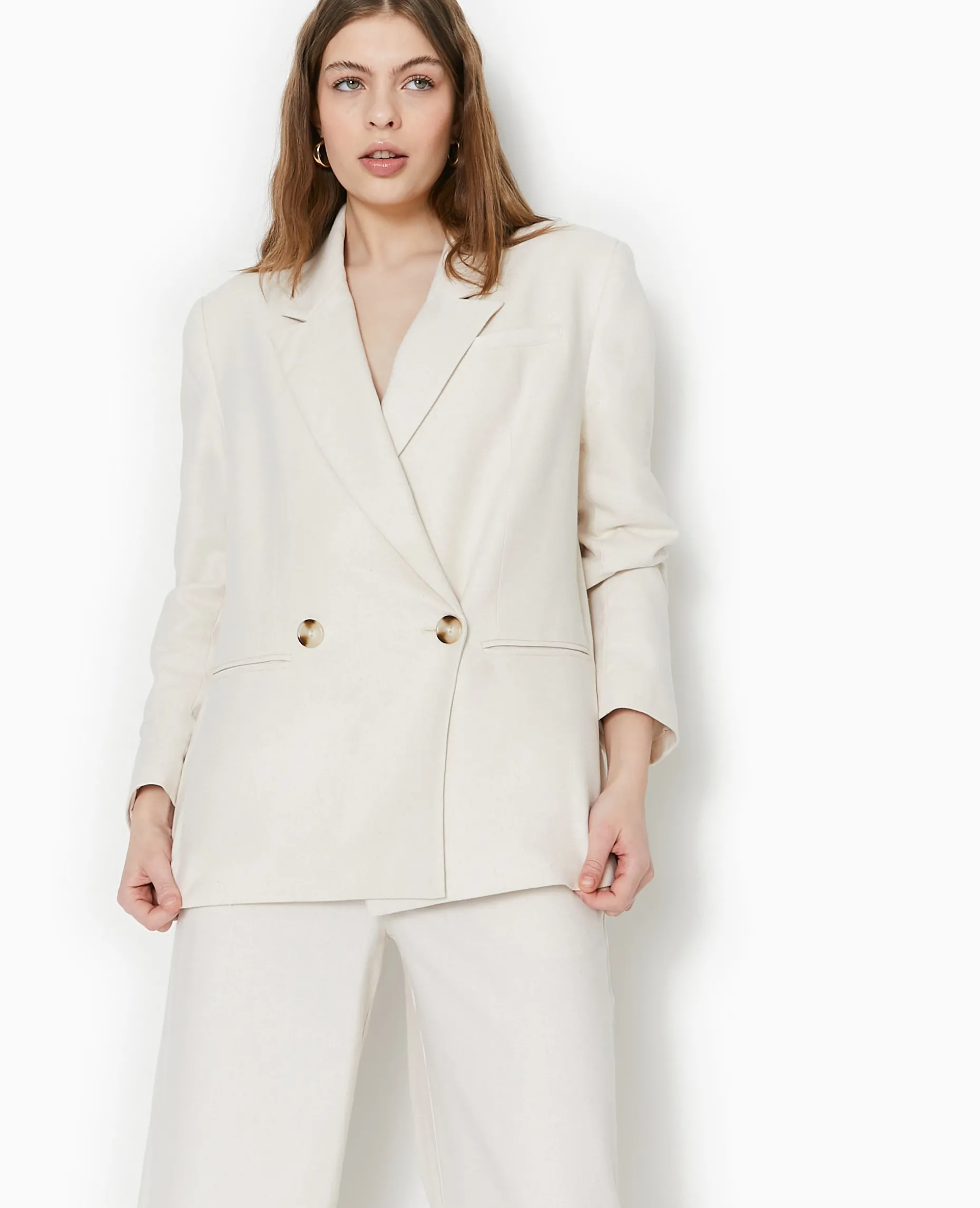 Veste Blazer En Tissu Effet Lin Rustique - Blanc