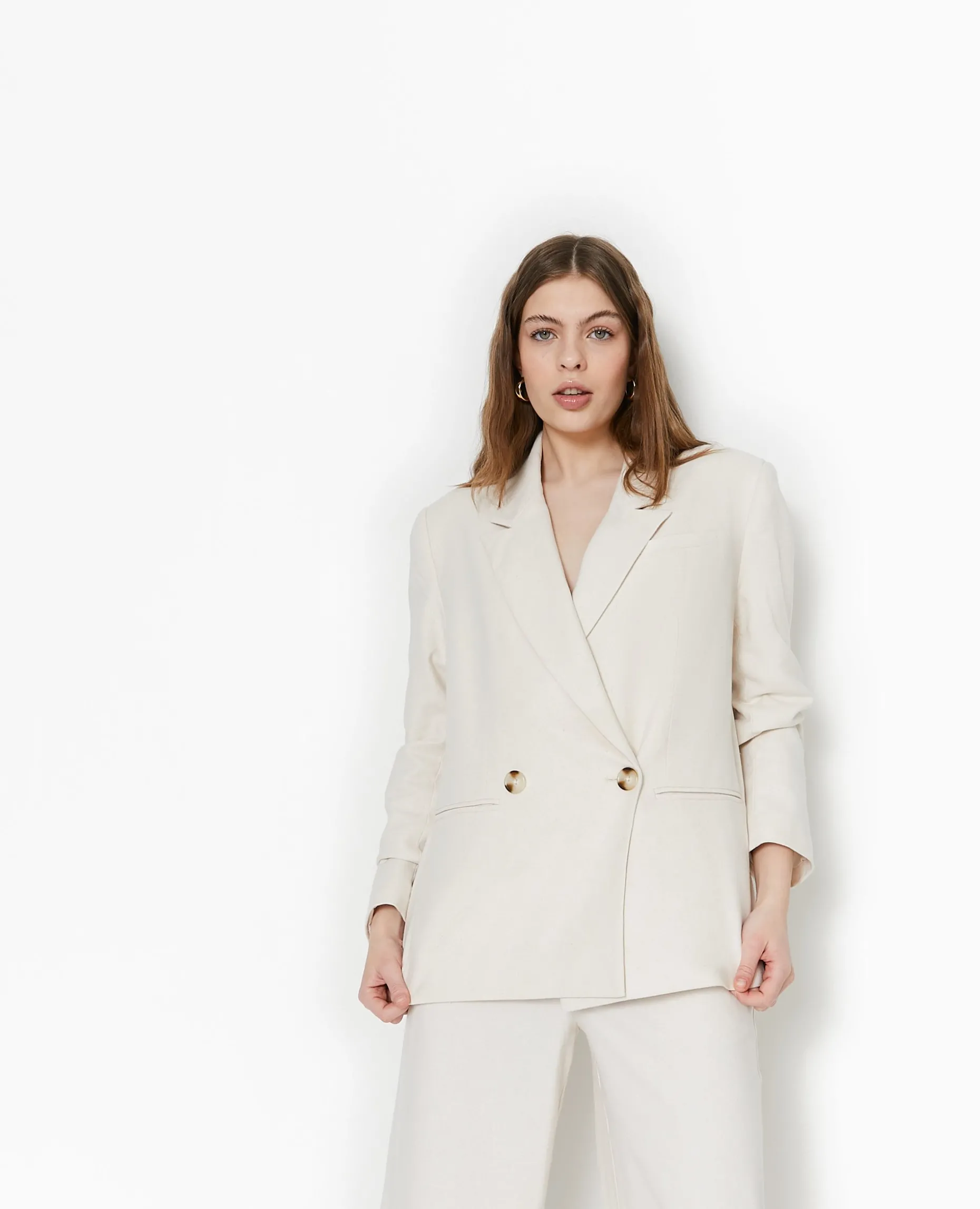 Veste Blazer En Tissu Effet Lin Rustique - Blanc