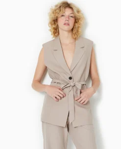 Veste Blazer Sans Manches Avec Ceinture - Beige