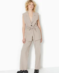 Veste Blazer Sans Manches Avec Ceinture - Beige