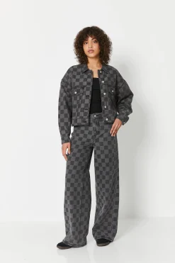 Veste Courte En Jean Motif Damiers - Gris