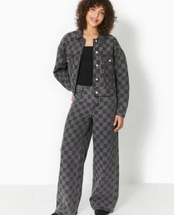 Veste Courte En Jean Motif Damiers - Gris