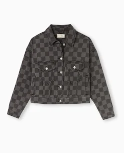 Veste Courte En Jean Motif Damiers - Gris