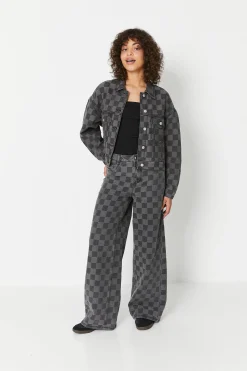 Veste Courte En Jean Motif Damiers - Gris