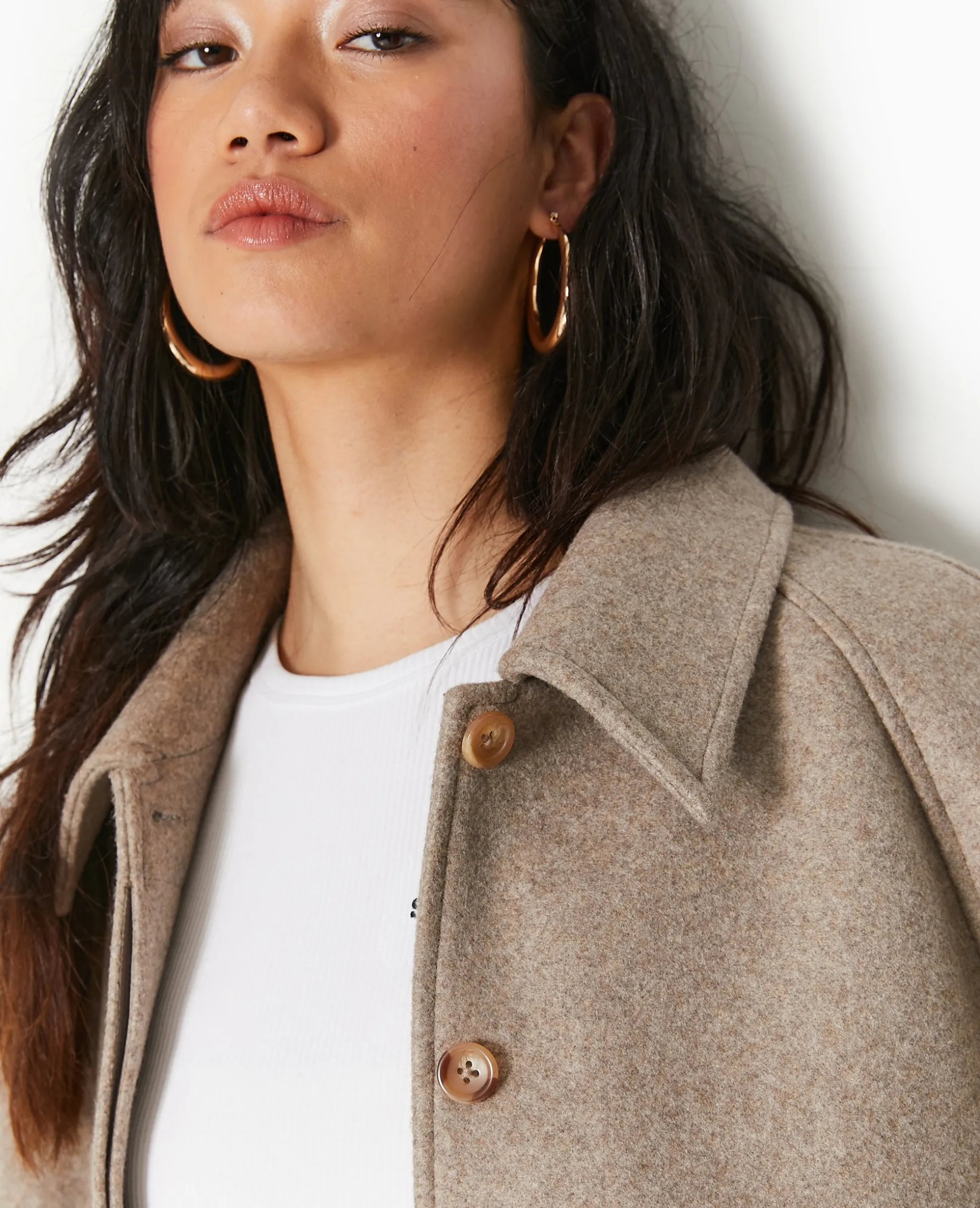Veste Courte Trapè;ze En Drap De Laine - Marron