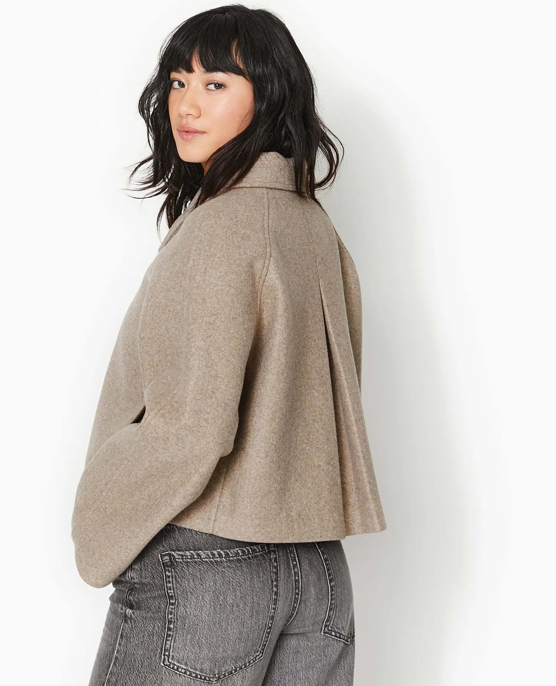 Veste Courte Trapè;ze En Drap De Laine - Marron