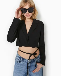 Veste Cropped Avec Liens à Nouer - Noir