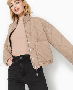 Veste Matelassée En Jean Délavé Acid Wash - Marron