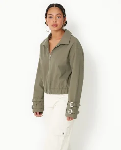 Veste Zippée Courte Avec Col - Vert Kaki